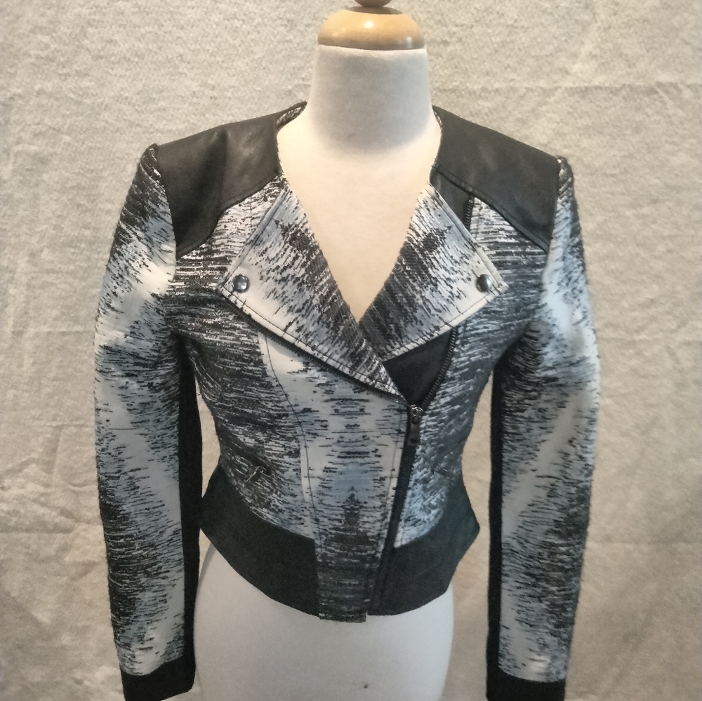 BCBGMaxAzria biker jacket, blue, black, and cream, vegan leather trim, small